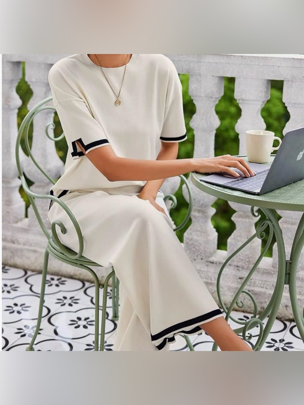 Cream Two-piece Pant Set with Black Trim - Elegant Short-Sleeve
